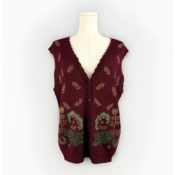 VTG 90s Koret Paisley Embroidered Sweater Vest Women S Knit Bead Sequin Grandma - Picture 3 of 12